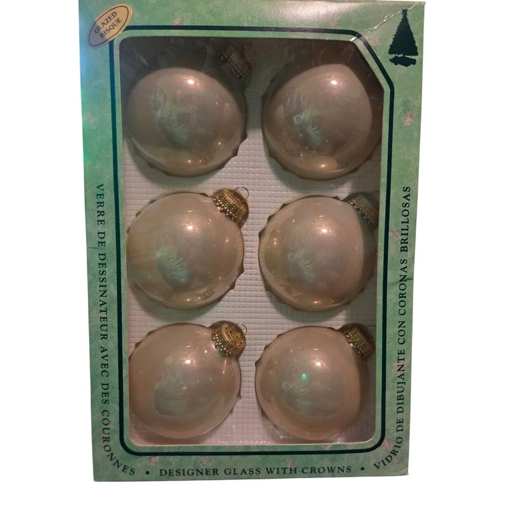 Vintage 1993 Christmas by Krebs Glazed Bisque Glass Ornaments 6 pc Cream‎ 2.5